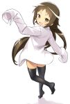  1girl :d black_legwear brown_hair commentary_request full_body hatakenaka_(kamagabuchi) highres long_hair long_sleeves looking_at_viewer mikakunin_de_shinkoukei mitsumine_mashiro open_mouth shadow shirt simple_background sleeves_past_fingers sleeves_past_wrists smile solo standing thighhighs white_background white_shirt yellow_eyes 