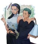  1boy 1girl 4myaku1 alternate_costume arm_around_waist bag black_hair blue_eyes braid braided_ponytail breasts casual collarbone contemporary couple cowboy_shot earrings eyewear_on_head green_hair hair_slicked_back hand_on_sheath hand_up height_difference hetero highres holding index_finger_raised jewelry long_hair long_sleeves looking_afar looking_at_another nico_robin one_eye_closed one_piece pants ribbed_sweater roronoa_zoro scar scar_across_eye shirt shopping_bag short_hair sideboob single_braid sleeveless sleeveless_sweater sleeveless_turtleneck smile sunglasses sweater sword tall_female turtleneck weapon 
