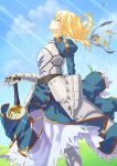  1girl absurdres armor armored_dress artoria_pendragon_(all) blonde_hair blue_sky braid breastplate cloud dress fate/stay_night fate_(series) from_side gauntlets gloves grass green_eyes hair_between_eyes highres juliet_sleeves long_hair long_sleeves looking_up outdoors parted_lips planted_sword planted_weapon puffy_sleeves ribbon saber sky solo sword takakiyo weapon 