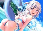  1girl ass bangs bikini blue_eyes blue_hair blush fish_tail gawr_gura hair_ornament highres hololive hololive_english long_hair looking_at_viewer looking_back multicolored_hair open_mouth saruei shark_tail sharp_teeth silver_hair smile solo streaked_hair swimsuit tail teeth virtual_youtuber 