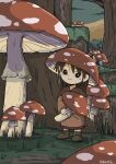  1girl brown_eyes brown_footwear brown_hair brown_robe eyebrows_visible_through_hair fly_agaric highres holding holding_mushroom kishimen_udn mushroom original outdoors smile solo 