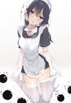  1girl apron black_hair elbow_gloves gloves kneeling long_hair maid maid_apron maid_headdress original panties panty_pull purple_eyes simple_background skindentation thighhighs thighhighs_pull translated twintails underwear unimon_e white_gloves white_legwear 