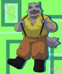  2021 anthro black_nose bottomwear canid canine canis clothing facial_hair fur grey_body grey_fur kemono male mammal mustache one_eye_closed pants shirt slightly_chubby solo suspenders tabo_bear topwear wink wolf 