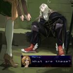  1boy 1girl ? ?? alucard_(castlevania) ankle_wings black_cape black_pants brown_footwear cape castlevania castlevania:_symphony_of_the_night english_commentary gameplay_mechanics head_out_of_frame high_heels kneehighs long_hair maria_renard pale_skin pants pharan planted_sword planted_weapon pointing red_footwear shoes sitting sneakers solo_focus sword weapon white_hair white_legwear 