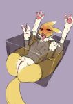  ahegao akitokit anthro anus bandai_namco black_sclera blush bound breasts butt chest_tuft digimon digimon_(species) feet female fur genitals legs_up looking_pleasured nipples pawpads paws pussy renamon sex_box simple_background sketch small_breasts solo stuck toes tongue tongue_out tuft yellow_body yellow_fur 