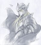  1boy armor blonde_hair breastplate cape closed_mouth dated floating_cape full_armor helmet kazuki-mendou long_hair male_focus one-hour_drawing_challenge pauldrons shoulder_armor signature silmarillion solo spot_color tuor winged_helmet 