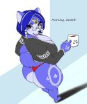  2021 5:6 anthro bandage beverage big_butt blue_body breasts butt canid canine cleavage clothed clothing coffee conditional_dnp cup curvy_figure dialogue digital_media_(artwork) ear_piercing ear_ring english_text eyewear female fox gem glasses hair jacket jewelry krystal looking_at_viewer mammal markings nintendo open_mouth partially_clothed piercing short_hair simple_background smile solo star_fox tattoo text thick_thighs thong topwear underwear video_games voluptuous wide_hips xopachi 