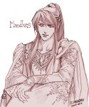 1boy cape closed_mouth dated kazuki-mendou looking_at_viewer maedhros male_focus monochrome pink_theme ponytail signature silmarillion simple_background smile solo white_background 