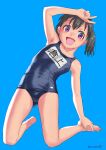  1girl absurdres artist_name barefoot black_hair blue_background blue_swimsuit breasts full_body highres kuraue_hinata leaning_to_the_side looking_at_viewer mu-pyon name_tag old_school_swimsuit purple_eyes school_swimsuit small_breasts smile solo swimsuit twintails v yama_no_susume 