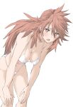  1girl amou_kanade bent_over bikini blush breasts cleavage collarbone covered_nipples elf_(stroll_in_the_woods) highres large_breasts long_hair looking_at_viewer navel open_mouth red_eyes red_hair senki_zesshou_symphogear shiny shiny_hair simple_background solo swimsuit swimwear white_background white_bikini 
