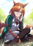  1girl adjusting_eyewear animal_ears blue_sky braid brooch brown_hair commentary_request day glasses grass grey_eyes hair_ornament horse_ears horse_girl ikuno_dictus_(umamusume) jewelry long_hair long_sleeves looking_at_viewer multicolored_hair outdoors round_eyewear saeki_shun sitting sky solo streaked_hair umamusume yokozuwari 