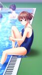  3girls bangs barefoot blue_swimsuit breasts brown_hair closed_mouth doukyuusei_another_world from_side game_cg interlocked_fingers kakyuusei leg_hug medium_breasts minamizato_ai multiple_girls official_art poolside red_eyes school_swimsuit shiny shiny_hair shiny_skin short_hair sitting smile soaking_feet solo_focus swimsuit tied_hair 