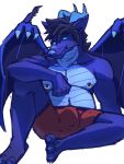  3_toes 5_fingers absurd_res anthro belly belly_scales black_hair blue_body blue_eyes blue_scales boxer_briefs boxers_(clothing) bulge chilling christopher_wyvern clothing colored_sketch dragon feet fingers hair hi_res horn looking_at_viewer male membrane_(anatomy) membranous_wings musclegut nipple_piercing nipples pecs piercing red_clothing scales scalie sitting slightly_chubby solo takoiarts toes underwear wing_claws wings 