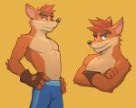  2021 activision anthro athletic athletic_anthro athletic_male bandicoot bottomwear clothed clothing crash_bandicoot crash_bandicoot_(series) crossed_arms fingerless_gloves gloves hair handwear hi_res jrjresq male mammal marsupial navel pants simple_background smile solo standing topless topless_male video_games yellow_background 
