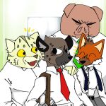  aggressive_retsuko anthro bovid brown_body brown_fur canid canine clothing colored director_ton domestic_pig dress_shirt eyes_closed felid feline fur group haida happy hyaenid male mammal maned_wolf manumaru necktie netflix nsfw_source ookami_(aggretsuko) orange_body orange_fur pallas&#039;s_cat pb-art pink_body sanrio satchel shirt suid suina sus_(pig) topwear yellow_eyes yellow_sclera 