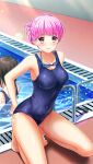  1girl barefoot blue_swimsuit blush breasts cleavage closed_mouth collarbone covered_navel doukyuusei doukyuusei_another_world game_cg kneeling large_breasts official_art pink_hair red_eyes sakuragi_mai school_swimsuit shiny shiny_hair short_hair sideboob smile solo_focus swimsuit tied_hair 