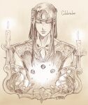  1boy candle celebrimbor circlet closed_mouth jewelry kazuki-mendou long_hair male_focus one-hour_drawing_challenge pointy_ears ring silmarillion solo traditional_media vest 