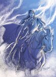  1boy blue_theme boots cape fingolfin holding holding_sword holding_weapon horse horseback_riding kazuki-mendou lightning looking_at_viewer male_focus monochrome one-hour_drawing_challenge parted_lips riding silmarillion solo sword weapon 
