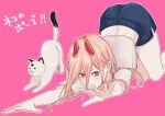  +_+ 1girl bare_legs blue_shorts blush cat cat_stretch chainsaw_man closed_mouth commentary demon_horns feet_out_of_frame hair_between_eyes highres horns long_hair looking_at_viewer meowy_(chainsaw_man) orange_eyes outline outstretched_arms pink_background pink_hair power_(chainsaw_man) shirt short_sleeves shorts simple_background smile solo stretch top-down_bottom-up toukaairab translated white_shirt 