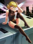  1girl blonde_hair bodysuit boots breasts closed_mouth commentary_request elf_17 fairy fairy_wings highres leotard looking_at_viewer partial_commentary pointy_ears retro_artstyle ruu_(elf_17) short_hair skin_tight smile solo tamanegiinyo thigh_boots thighhighs turtleneck wings 