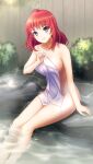  1girl antenna_hair bangs breasts collarbone covering doukyuusei_another_world eyebrows_visible_through_hair game_cg grin kakyuusei large_breasts long_hair looking_at_viewer nude nude_cover official_art onsen purple_eyes purple_towel red_hair shiny shiny_hair sideboob sitting smile soaking_feet solo tachibana_mayumi 
