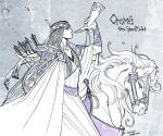  1boy arrow_(projectile) cape character_name dated from_side grey_background holding holding_instrument horn_(instrument) horse instrument kazuki-mendou long_hair male_focus monochrome music orome playing_instrument purple_theme quiver signature silmarillion solo very_long_hair 