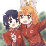  2girls :d alternate_costume animal_ears black_hair blonde_hair blue_eyes commentary extra_ears eyebrows_visible_through_hair fang jacket japari_symbol kaban_(kemono_friends) kemono_friends multiple_girls no_hat no_headwear open_mouth red_track_suit san_sami serval_(kemono_friends) serval_ears serval_girl serval_tail short_hair smile symbol_commentary tail track_jacket track_suit turtleneck v yellow_eyes 