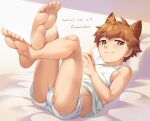  1boy animal_ear_fluff animal_ears bad_id bad_twitter_id barefoot bed bedroom blush brown_eyes brown_hair cat_ears closed_mouth cr72 fang indoors looking_at_viewer lying male_focus on_back on_bed original short_hair smile solo underwear 