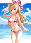  1girl animal_ears bikini blonde_hair blue_eyes blue_sky breasts cat_ears cat_tail cleavage cloud fish_hair_ornament flower hair_flower hair_ornament hairclip hanazono_serena hanazono_serena_(channel) highres horizon large_breasts long_hair looking_at_viewer ocean side-tie_bikini sky smile solo striped striped_bikini swimsuit tail the_des_alizes v virtual_youtuber 