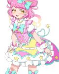  1girl :3 blue_bow bow bowtie dress earrings hair_bow heart idol jewelry kiracchu_(pri_chan) kiratto_pri_chan looking_at_viewer open_mouth pink_dress pink_hair pretty_(series) short_sleeves simple_background solo star_(symbol) star_earrings star_print umi_no_tarako white_background wings wrist_cuffs yellow_eyes 