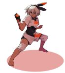  1girl bangs barefoot bea_(pokemon) black_bodysuit black_hairband bodysuit bodysuit_under_clothes bow_hairband clenched_hands closed_mouth collared_shirt commentary_request dark_skin dark_skinned_female full_body gloves grey_eyes grey_hair gym_leader hair_between_eyes hairband highres knee_pads korean_commentary pokemon pokemon_(game) pokemon_swsh print_shirt print_shorts ramy_(ramyno_0) shirt short_hair short_sleeves shorts side_slit side_slit_shorts single_glove solo squatting toes white_wristband 