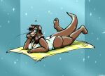 #tagme &lt;3 breasts brown_body brown_fur clothing countershade_torso countershading danji-isthmus female fur green_eyes hair invalid_tag long_hair lutrine lying mammal mustelid on_front one-piece_swimsuit paws simple_background smile solo star stripes swimwear towel whiskers 