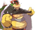  2021 anonymous anthro areola barazoku belt biceps big_muscles big_pecs blush bodily_fluids bottomwear bowser bracelet claws clothed clothing clothing_lift collar dad_bod duo eyebrows frown green_body green_skin grey_body grey_skin hair half-closed_eyes hand_on_body hand_on_hip hat headgear headwear hi_res horn hug humanoid humanoid_on_anthro jewelry koopa looking_down male male/male manly mario_bros mario_golf multicolored_body multicolored_skin musclegut muscular muscular_anthro muscular_male narrowed_eyes nintendo nipples pants pecs raised_arm red_eyebrows red_eyes red_hair scalie sharp_claws shell shirt shirt_lift short_hair simple_background size_difference spiked_bracelet spiked_collar spiked_shell spikes spikes_(anatomy) standing sweat tan_body tan_nose tan_skin thick_arms thick_eyebrows thick_neck topwear triceps under_shirt video_games visor white_background yellow_body yellow_skin yoshizaurusu_n 