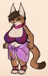  amanra_(fuzzikayu) anthro big_breasts bottomwear breasts brown_body brown_fur brown_hair caracal caracal_(genus) cleavage clothed clothing felid feline female footwear fur fuzzikayu green_eyes hair hi_res huge_breasts mammal navel navel_piercing nipple_outline panties piercing sandals scarf short_stack simple_background skirt solo tan_body tan_fur tongue tongue_piercing underwear 