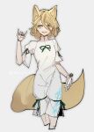  1girl animal_ears blonde_hair corked_bottle fox_ears fox_shadow_puppet fox_tail grey_background hair_between_eyes hand_gesture highres holding_test_tube kotaro-nosuke kudamaki_tsukasa looking_at_viewer mandarin_collar medium_hair onesie ribbon romper simple_background sketch smile solo tail test_tube touhou upper_body vial white_jumpsuit 