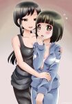  2girls black_hair blush bob_cut bra breasts brown_background brown_eyes cleavage commentary flying_sweatdrops hug jacket jersey koguma_(super_cub) long_hair looking_at_another medium_breasts multiple_girls open_clothes open_jacket open_mouth pants reiko_(super_cub) shirt short_hair simple_background smile super_cub t-shirt track_jacket track_suit underwear unzipped variangel yuri 