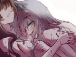  2girls amiya_(arknights) animal_ears arknights blush brown_hair cat_ears e-fa-dorn eyebrows_visible_through_hair girl_on_top green_eyes hair_down highres jewelry long_hair multiple_girls nude open_mouth ring rosmontis_(arknights) silver_hair sweat yuri 