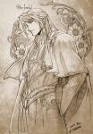  1boy belt brown_theme cape character_name closed_mouth dated glorfindel highres kazuki-mendou long_sleeves lord_of_the_rings male_focus monochrome one-hour_drawing_challenge robe sepia signature smile solo wide_sleeves 