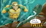  2021 5_fingers aquaman belt blonde_hair clothed clothing duo english_text eyes_closed fingers gloves green_body hair handwear human humor invincible_(comics) lying lying_on_ground male mammal meme on_back profanity reptile runningpigeon73 scalie speech_bubble superhero text think_mark_think! turtle underwater water 