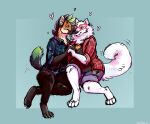  #tagme &lt;3 anthro bottomwear clothing collared_shirts cuddling danji-isthmus duo eyewear feminist flannel fluffy glasses green_tips hand_holding hands hi_res hug invalid_tag love paws shorts smiles 