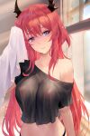  1girl arknights black_horns breasts chihunhentai commentary covered_nipples highres holding holding_towel horns long_hair looking_at_viewer medium_breasts midriff navel off-shoulder_shirt off_shoulder patreon_username purple_eyes red_hair see-through shirt solo surtr_(arknights) towel wet wet_clothes wet_hair wet_shirt window 