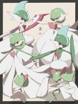  absurdres colored_skin commentary_request eye_contact gallade gardevoir gen_3_pokemon gen_4_pokemon highres kirlia looking_at_another mega_gallade mega_gardevoir mega_pokemon outstretched_arms pokemon pokemon_(creature) ralts red_eyes shabana_may standing stone white_skin 