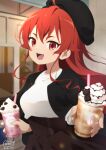  1girl :d ahoge bangs beret black_headwear black_jacket blurry blurry_background breasts brown_skirt commentary_request cup dated depth_of_field disposable_cup drinking_straw eris_greyrat hair_between_eyes hat holding holding_cup jacket long_hair looking_at_viewer medium_breasts mushoku_tensei neki_(wakiko) open_clothes open_jacket open_mouth pleated_skirt red_eyes red_hair shirt signature skirt smile solo thick_eyebrows upper_teeth very_long_hair white_shirt 