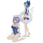  2girls alternate_costume barefoot bikini blue_bikini blue_eyes blue_hair blue_ribbon blue_swimsuit bow candy cirno detached_sleeves fairy_wings food frilled_bikini frills hair_bow hair_ornament highres ice ice_wings inflatable_toy letty_whiterock lollipop multiple_girls older one-piece_swimsuit purple_hair purple_swimsuit red_bow red_ribbon ribbon scarf snowflake_hair_ornament sokura_(mochichitose) swimsuit touhou wings 