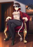  1girl black_legwear breasts chair clock crossed_legs door doorway hands heterochromia high_heels highlights highres horns lewdsuguri looking_at_viewer multicolored_hair ornate ruby_suguri shirt short_hair sitting smile solo tail white_shirt 