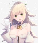  1girl ahoge blonde_hair breasts cleavage commentary_request fate/extra fate/extra_ccc fate/grand_order fate_(series) firepo gloves green_eyes grey_background hand_up head_wreath highres large_breasts lock looking_at_viewer nero_claudius_(bride)_(fate) nero_claudius_(fate)_(all) open_mouth padlock short_hair smile solo upper_body veil w white_gloves zipper 