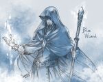  1boy beard belt blue_theme blue_wizard_(silmarillion) bracelet cloak closed_mouth dated facial_hair holding holding_staff hood hood_up hooded_cloak jewelry kazuki-mendou long_hair male_focus monochrome one-hour_drawing_challenge signature silmarillion smile solo staff standing 