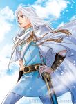  1boy belt black_belt blue_sky cape day floating_hair hand_on_hip holding holding_sword holding_weapon kazuki-mendou male_focus nibelungenlied outdoors pants parted_lips purple_eyes scabbard sheath sheathed siegfried_(nibelungenlied) sky solo sword tunic weapon white_cape white_hair 