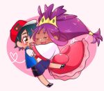  1boy 1girl ash_ketchum black_hair dress highres hug iris_(pokemon) pink_dress pokemon pokemon_(anime) pokemon_swsh_(anime) purple_hair 