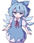  1girl absurdres bangs blue_bow blue_dress blue_eyes blue_hair blue_shirt bow cirno collared_shirt cowboy_shot dress eyebrows_behind_hair hair_bow highres ice ice_wings kame_(kamepan44231) looking_at_viewer one-hour_drawing_challenge open_mouth red_neckwear red_ribbon ribbon shirt short_hair short_sleeves simple_background solo standing touhou white_background white_shirt wings 